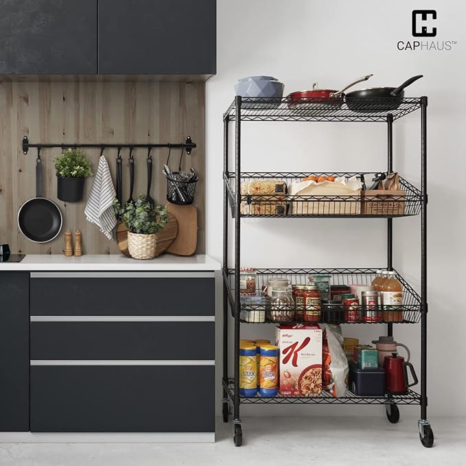 CAPHAUS NSF Commercial Heavy Duty 4 Tier Wire Shelving with Two Trapezoid Baskets, Wheels, Leveling Feet, Black Storage Shelf for Basement Garage and Utility Storage-NeatNest