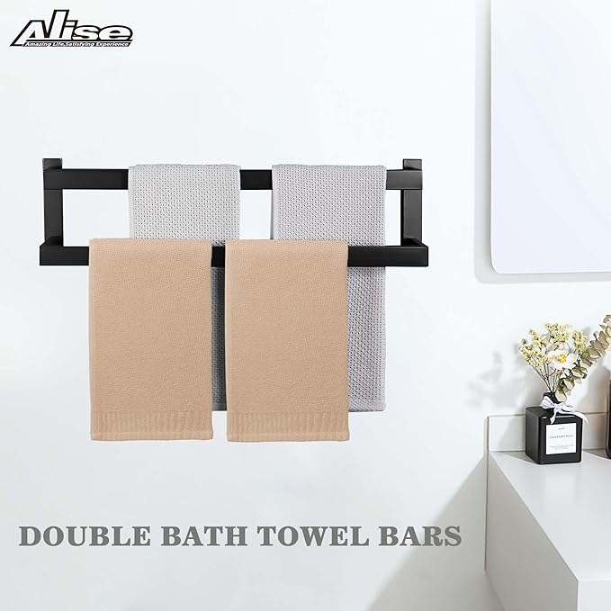 Alise Double Bath Towel Bars Towel Racks for Bathroom Lavatory Wall Mount,Towel Hanger SUS304 Stainless Steel Towel Holder Towel Rail 23.2 Inch,Matte Black,GOY002-B
