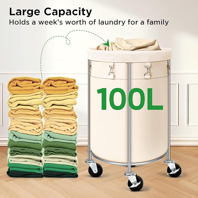 Laundry Hamper with Wheels, 100L Round Rolling Laundry Basket Sorter with Removable Bag, Clothes Cart Organizer with Steel Frame for Bedroom, Bathroom, Laundry Room, Beige