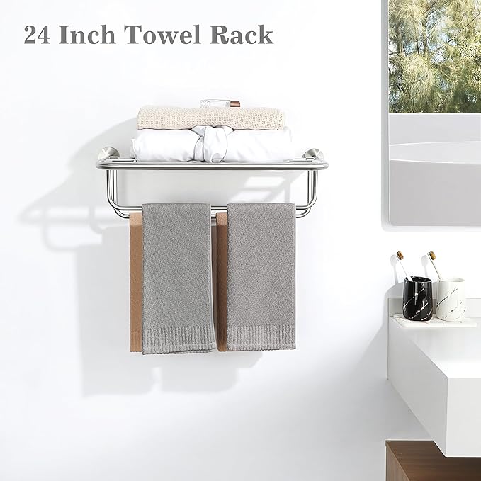 Alise Towel Rack for Bathroom,24 Inch Brushed Towel Holder for Lavatory,Towel Hanger with Double Towel Bars for Bath Wall,Wall Mount SUS304 Stainless Steel Towel Drying Storage Shelf,GYSJ9260-LS