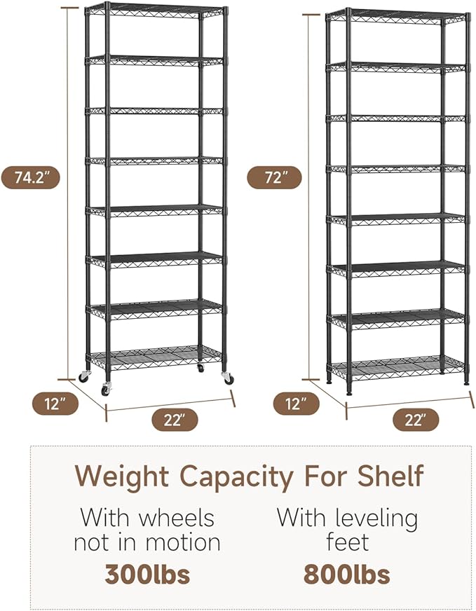8 Tier Shelves Storage Shelf Wire Closet Bathroom Organizers Metal Pantry Kitchen Garage Shelving Unit Laundry Room Organization Home Rack Net Basket Black with Wheels 12”D X 22”W X 74.2”H