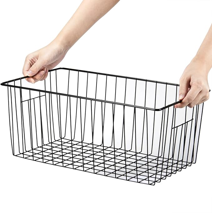 16inch Freezer Wire Storage Organizer Baskets, Household Refrigerator Bins with Built-in Handles for Cabinet, Pantry
