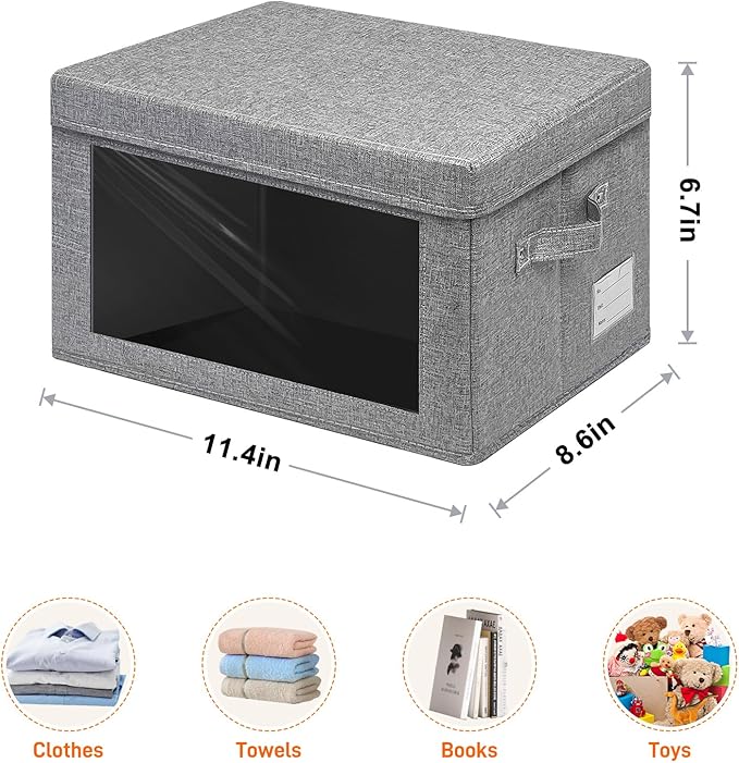 4-Pack Fabric Storage Bins with Lids, Foldable Storage Boxes with Handles & Clear Window, Closet Organizers for Clothes, Books (Grey, 4PCS/11.4 x 8.6 x 6.7 in)-NeatNest