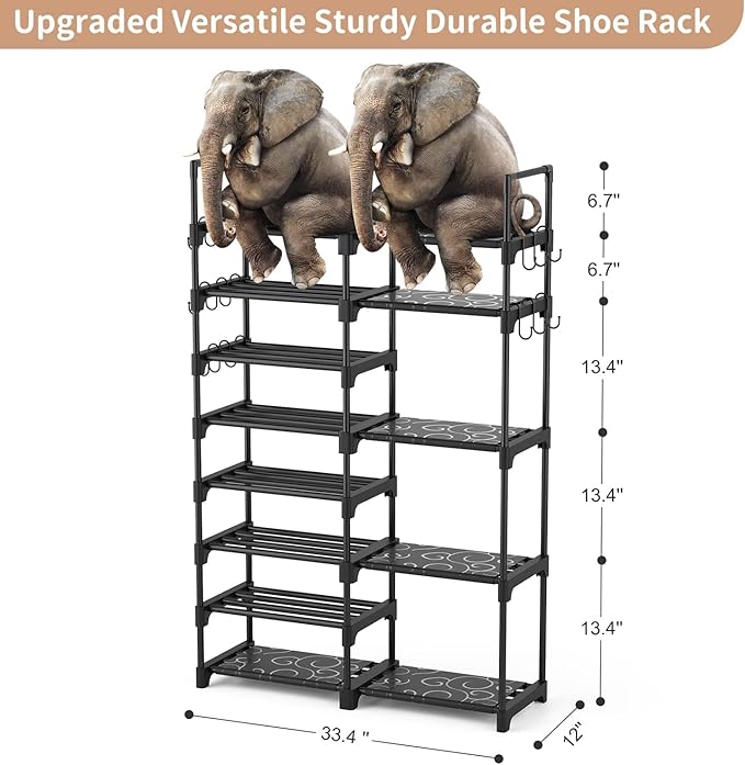 ROJASOP Shoe Rack Organizer, 8-Tier Metal Shoe Rack for Closet Entryway Garage, 26-32 Pairs Tall Shoe Boot Storage Shelf with 15 Hooks, Stackable Large Shoe Stand-NeatNest