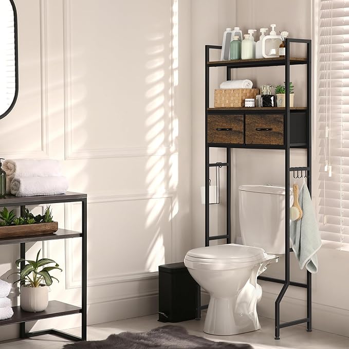 ETELI Over The Toilet Storage Cabinet Bathroom Storage Cabinet Over Toilet Fit Most Toilets Above Toilet Shelf Bathroom Shelf Organizer with Fabric Drawers, Rustic Brown