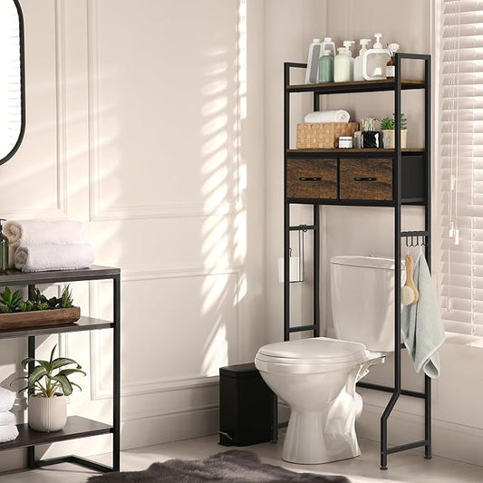 ETELI Over The Toilet Storage Cabinet Bathroom Storage Cabinet Over Toilet Fit Most Toilets Above Toilet Shelf Bathroom Shelf Organizer with Fabric Drawers, Rustic Brown