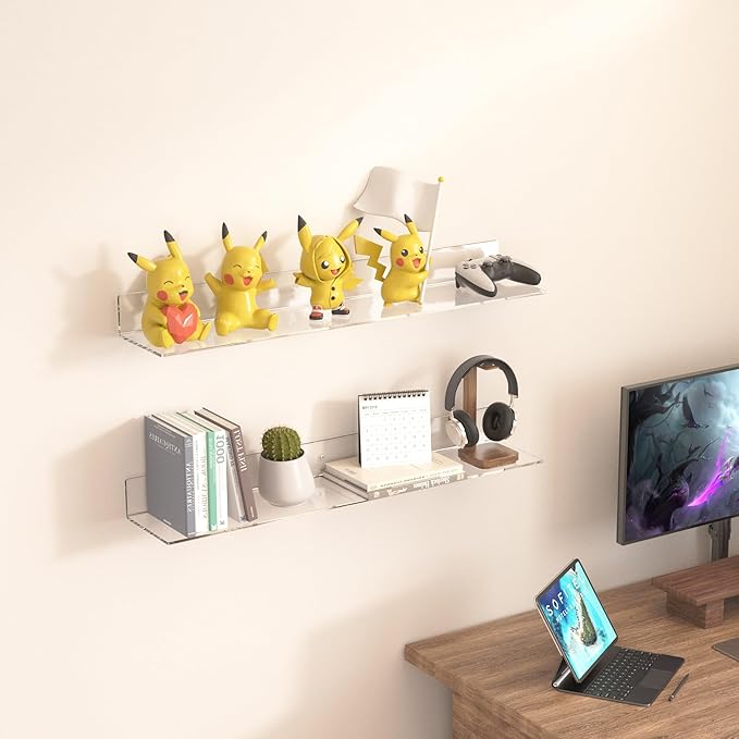 30 Inches Clear Long Floating Shelves for Wall, Acrylic Wall Shelf for Plants, Radio, Funko Pop, Books, Picture Frame, Clock, Cosmetics, Toiletries, 2 Pack(30 Inch)-NeatNest