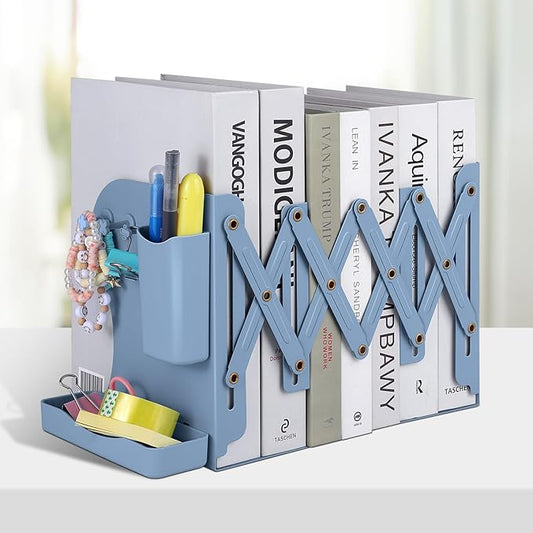 Honagu Adjustable Bookends, Metal Book Ends for Shelves Heavy Book, Desk Magazine File Organizer for Home, Office, Books, Papers with Removable Hook, Pen Holder（Dark Blue）