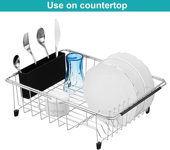 iPEGTOP Expandable Multifunctional Dish Drying Rack, Over The Sink, in Sink Or On Counter Dish Drainer Basket Shelf with Black Utensil Silverware Holder, Rustproof Stainless Organizer