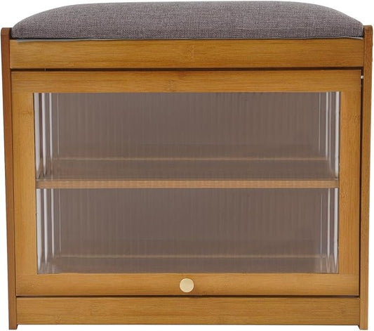 Eapmic Shoe Storage Bench, Entryway Shoe Rack Bench with Padded Seat Cushion, 2-Tier Shoe Cabinet, Bamboo Shoe Organizer for Hallway Bedroom Living Room Front Door (Brown, 19.69 * 12.6 * 17.32in)