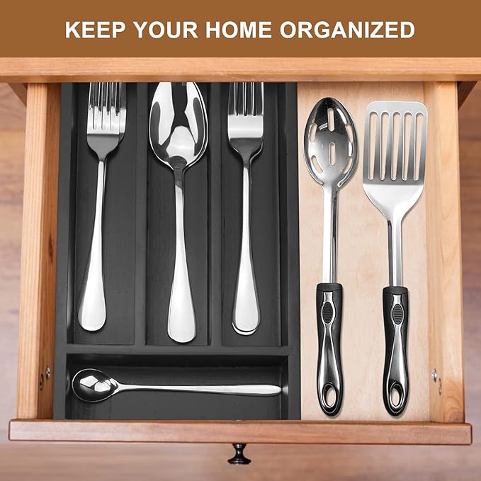 Small Cutlery Tray Narrow Wooden Silverware Organizer 12"x6.7" Spoon Kitchen Utensil Holder for Drawer Divider Bamboo Cutlery Drawer Organizers Storage Black Wood Silverware Tray Flatware Organizer-NeatNest