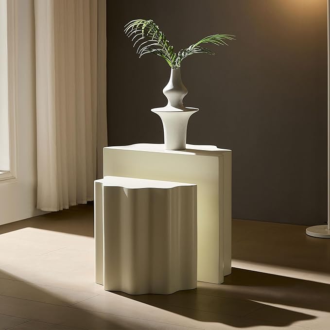 kevinplus 2-in-1 Irregular Nesting Side Table End Table Set of 2 for Living Room, Fiberglass Material & No Assembly, Beige