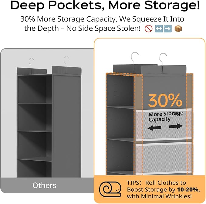 Extra Deep Hanging Closet Organizer with Shelves and Oversized Mesh Pockets, Heavy-Duty Structure, No Deformation, Max Storage for Clothes, Shoes, Hats, Dorms and RVs,1-Pack (Grey, 5 Tier)-NeatNest