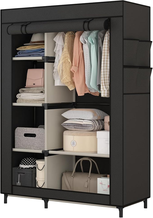 Calmootey Portable Closet Organizers, Clothing Storage, Wardrobe with 6 Shelves and Hanging Rod, Non-Woven Fabric Cover with 4 Side Pockets, Black-NeatNest