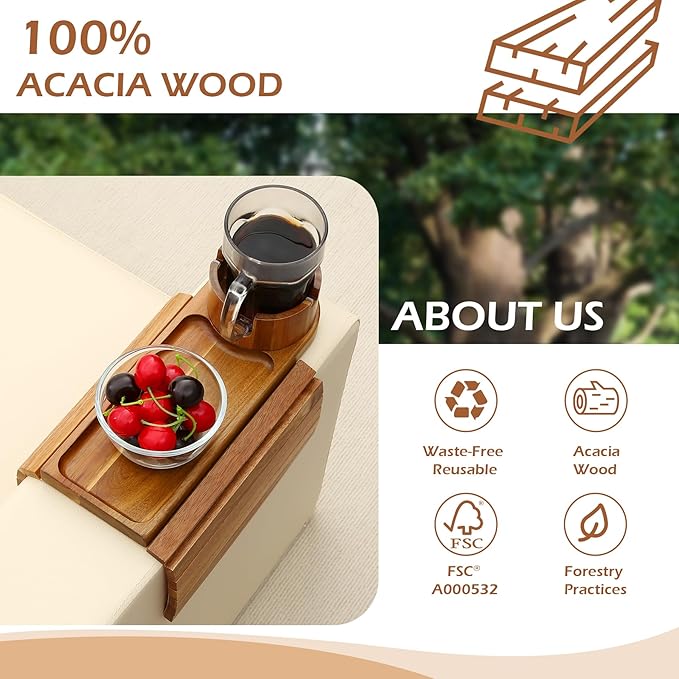 Couch Cup Holder Tray, 15.75" Acacia Wood Couch Armrest Table, 3 in 1 Foldable Sofa Clip on Side Table with 360° Phone Stand, Armrest Tray for Coffee Snacks-NeatNest