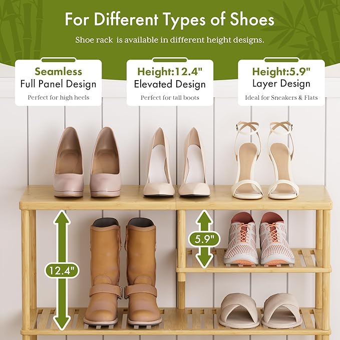 Bamboo Shoe Rack, 4 Tiers Shoe Organizer for Closet, Shoes Storage for 20-24 Pairs, Freestanding Shoe Shelf with Removable Pocket for Entryway Bedroom Front Door Dorm