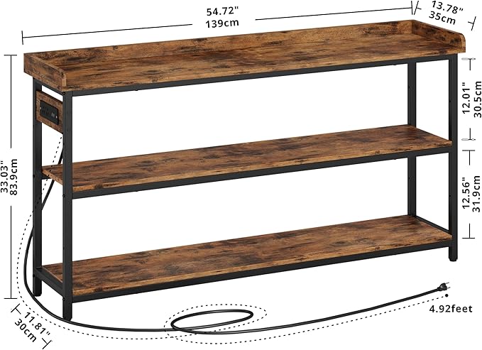 IRONCK Console Table, Sofa Table with Power Outlet, Farmhouse Hallway Table for Entryway, Living Room, Height Adjustable, Easy Assembly, Rustic Brown,55"-NeatNest