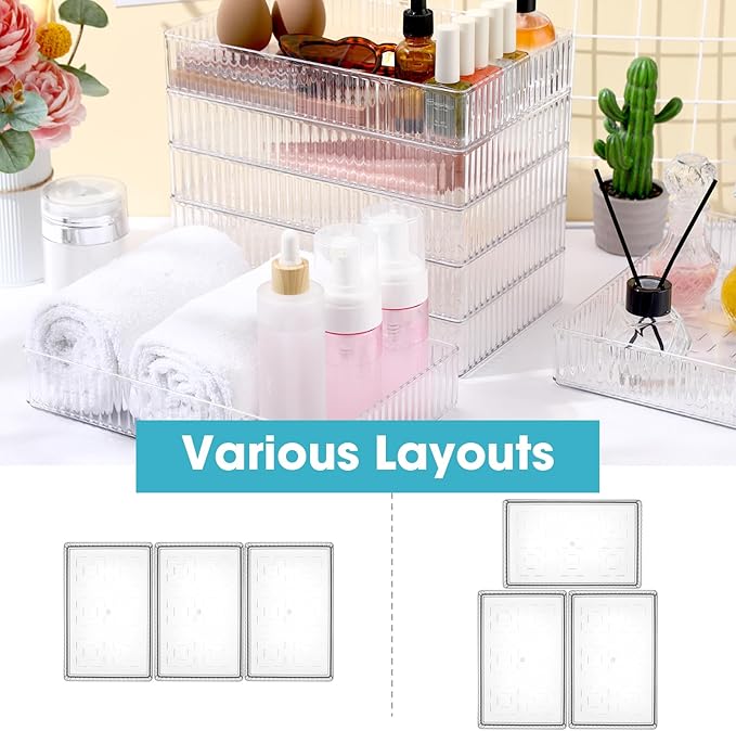 8 Pcs Clear Drawer Organizers Bins Stackable Makeup and Vanity Organizer Trays Clear Plastic Drawer Organizers Set for Office Desk Dividers(9.9 x 6.3 x 1.8 Inches)