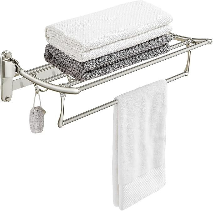 BESy 24 Inch Brushed Nickel Towel Racks, Bathroom Towel Shelf with Foldable Towel Bar Holder and Towel Hooks, Wall Mounted Multifunctional Bathroom Accessories, Double Towel Bars-NeatNest