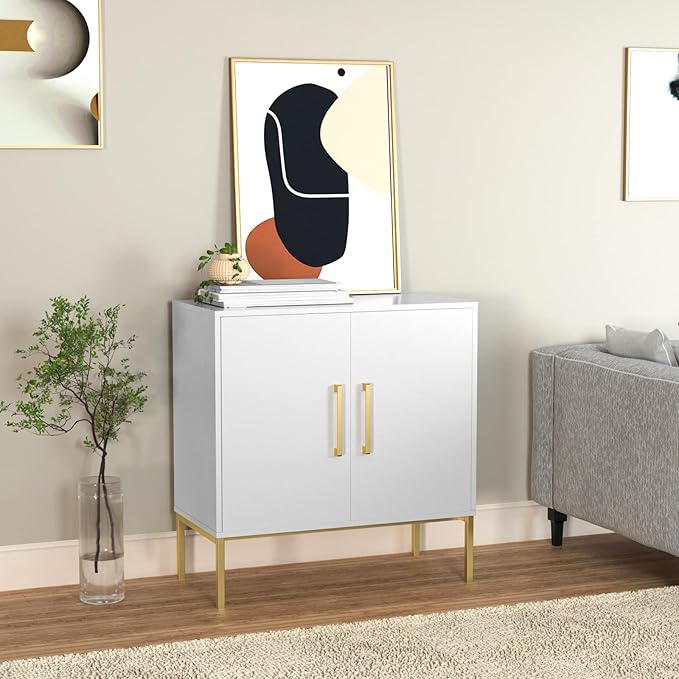 JOZZBY Buffet Sideboard Cabinet with Storage, Modern Wooden Cabinet with Adjustable Shelves, White and Gold Cabinets for Living Room, Kitchen, Hallway