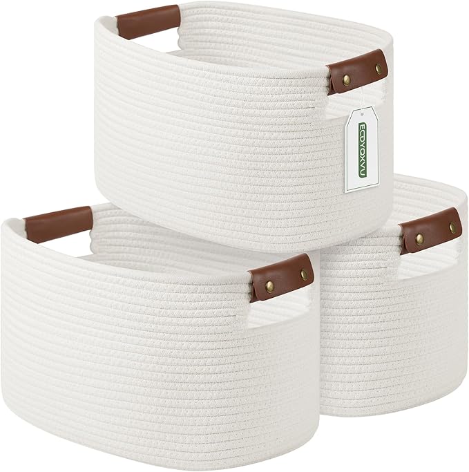 Cotton Rope Basket , Storage Baskets with Handle, 15x10x9 Inch Woven Basket for Shelves, Laundry, Towels, Clothes, Books, Toys (White 3Pack)-NeatNest