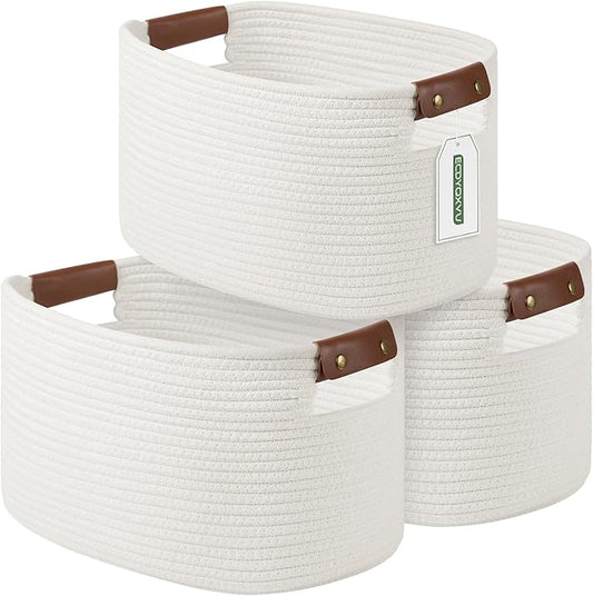 Cotton Rope Basket , Storage Baskets with Handle, 15x10x9 Inch Woven Basket for Shelves, Laundry, Towels, Clothes, Books, Toys (White 3Pack)-NeatNest
