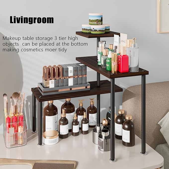 Countertop Organizer Organization 3 Tier Kitchen Corner Shelves Adjustable Spice Storage Rack for Bathroom Coffee Area Over Sink (Black Oak)-NeatNest