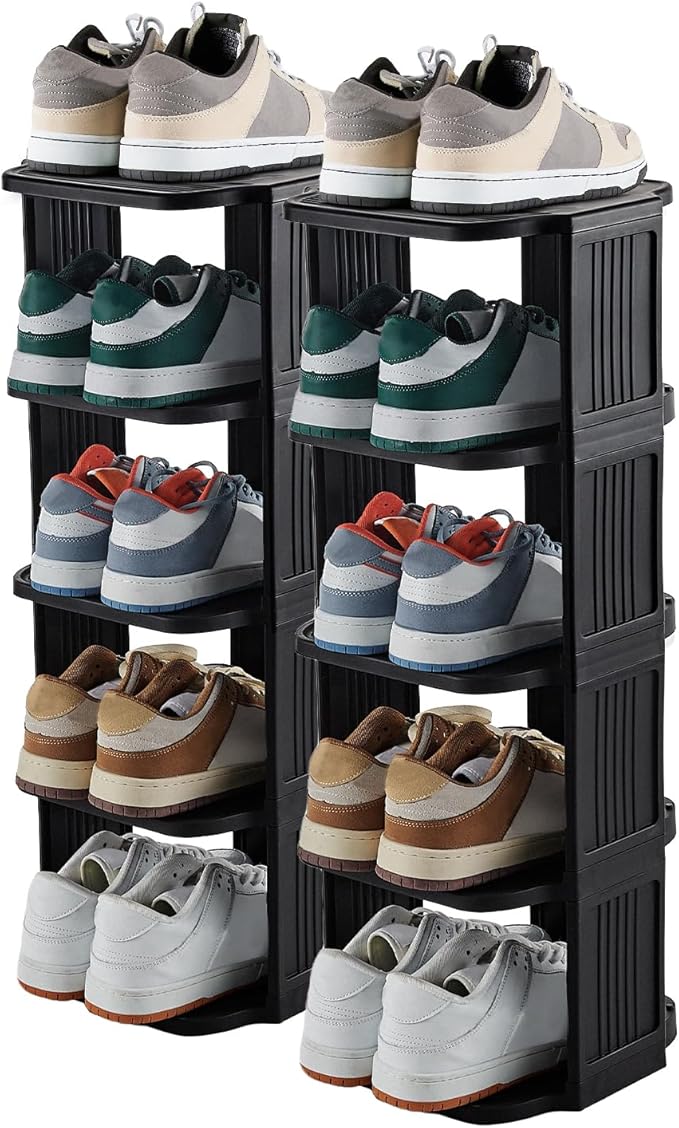 Small Shoe Rack, 10 Tier Plastic Vertical Shoe Rack for Small and Narrow Spaces, Free Standing Shoe Organizer for Closet, Entryway (Black)-NeatNest