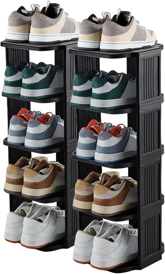 Small Shoe Rack, 10 Tier Plastic Vertical Shoe Rack for Small and Narrow Spaces, Free Standing Shoe Organizer for Closet, Entryway (Black)-NeatNest