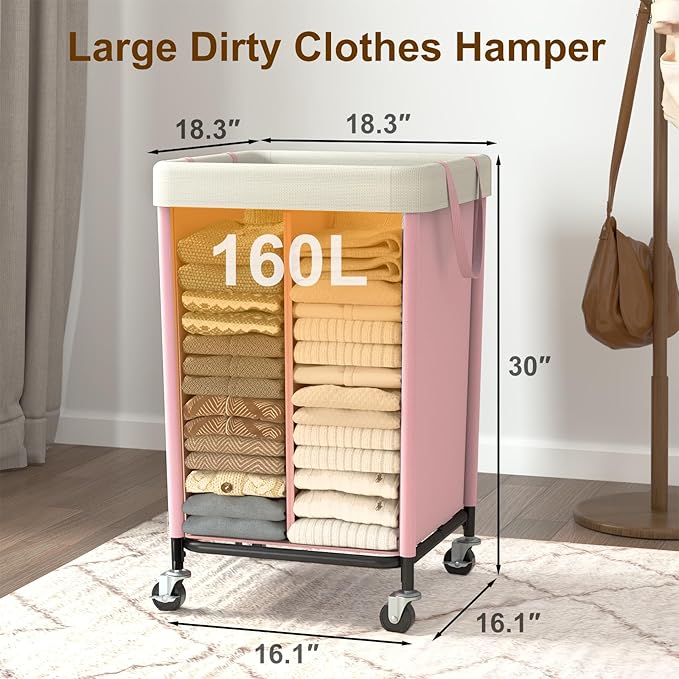 WOWLIVE 160L Rolling Laundry Hamper with Wheels, Heavy Duty Laundry Basket, Large Laundry Cart with Steel Frame and Removable Bag, Dirty Clothes Hamper for Home, Closet, Dorm, Bathroom, Pink
