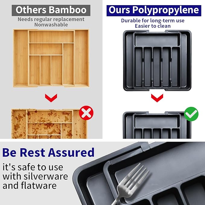 INFTYLE Kitchen Utensil Drawer Organizer,Expandable Utensil tray for Kitchen,Plastic Spatula Tools Adjustable Cutlery Storage for Forks, Knives, Multipurpose Kitchen Organizers,Black-NeatNest
