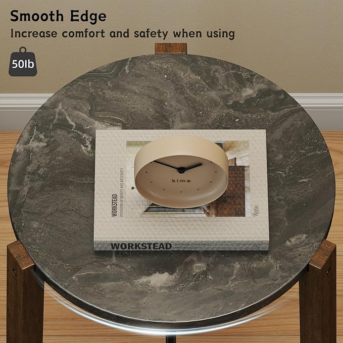 CIMOTA Round Side Table, 22.5" End Accent Table with Solid Wood Leg, Black Marble Texture Tabletop, Metal Beam, Round Nightstand for Small Spaces/Living Room/Bedroom, Black-NeatNest