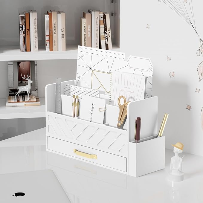 Bamboo Desk Organizer Mail Holder Countertop Wood Desk Drawer Tabletop Storage Box Pen Holder Letter Sorter Makeup Organizer for School Home Office Supplies with Pen Holder White-NeatNest