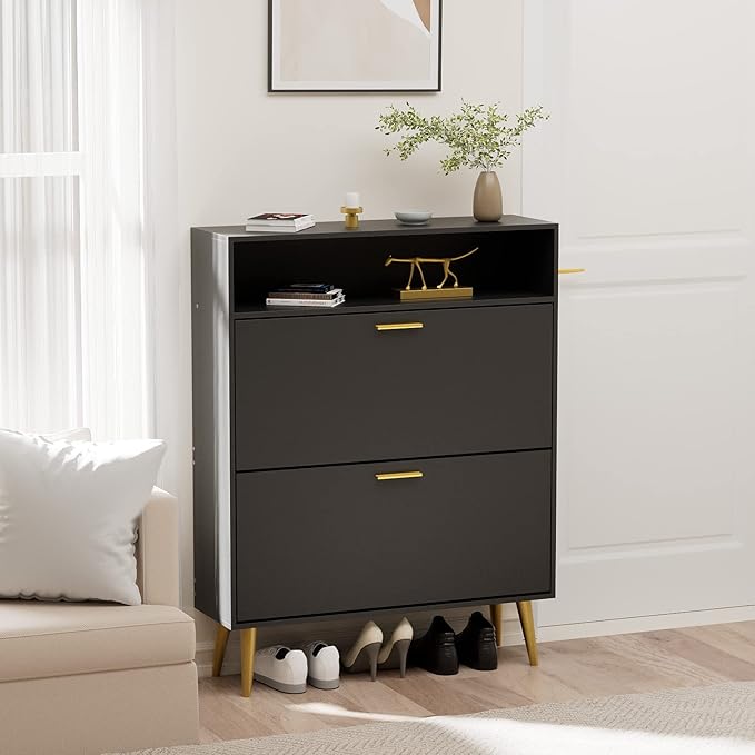 JOZZBY Shoe Cabinet for Entryway, Narrow Shoe Storage Cabinet with 2 Flip Drawers, Freestanding Hidden Shoe Rack Storage with Open Shelves for Hallway, Living Room, Set of 2, Black-NeatNest