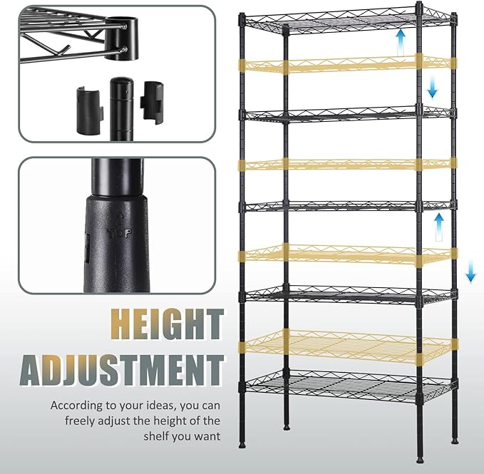 5-Tier Metal Shelving Unit Storage Shelves Metal Shelves 48"x21"x12" Heavy Duty Metal Storage Rack Wire Rack NSF Height Adjustable for Home Kitchen Bathroom Garage Shelving(Black)