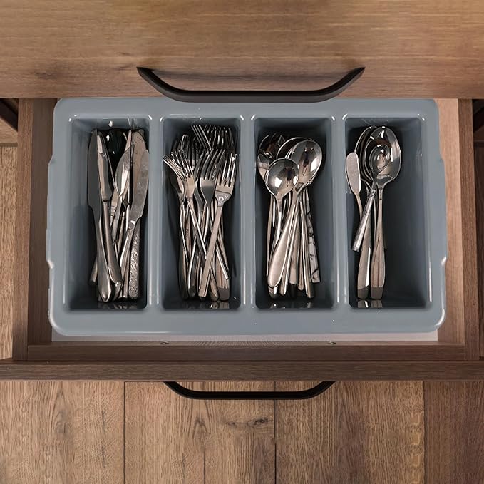 4 Pack Plastic Commercial Cutlery Tray, 4-Compartment Silverware Organizer Bin, Grey