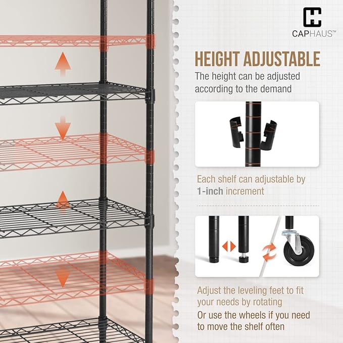 CAPHAUS NSF Commercial Heavy Duty 4 Tier Wire Shelving w/Two Rectangle Baskets, Wheels, Leveling Feet, Storage Metal Shelf, Basement Garage Shelving, Utility Wire Rack Storage Black-NeatNest