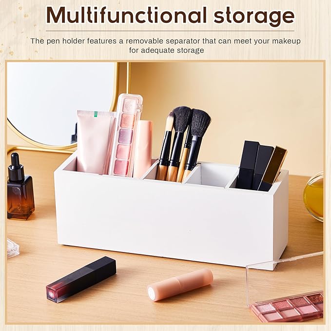 Jetec Wooden Pencil Holder 5 Compartments for Desk Adjustable Pen Holder Wood Office Desk Organizers and Accessories Makeup Brush Organizer for Pen, Home, Office and Art Supplies (White)-NeatNest