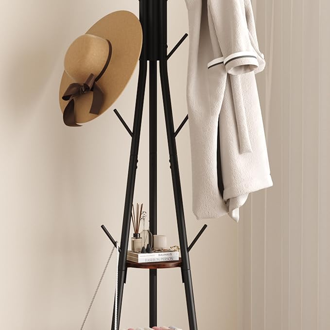 HOMEFORT Coat Rack, Coat Hanger Stand with 2 Shelves, Freestanding Hall Tree, Metal Hat Hanger with 12 Hooks for Clothes Hats and Scarves, Black and Rustic Brown,15.7" Wx15.7 Dx72.8H-NeatNest
