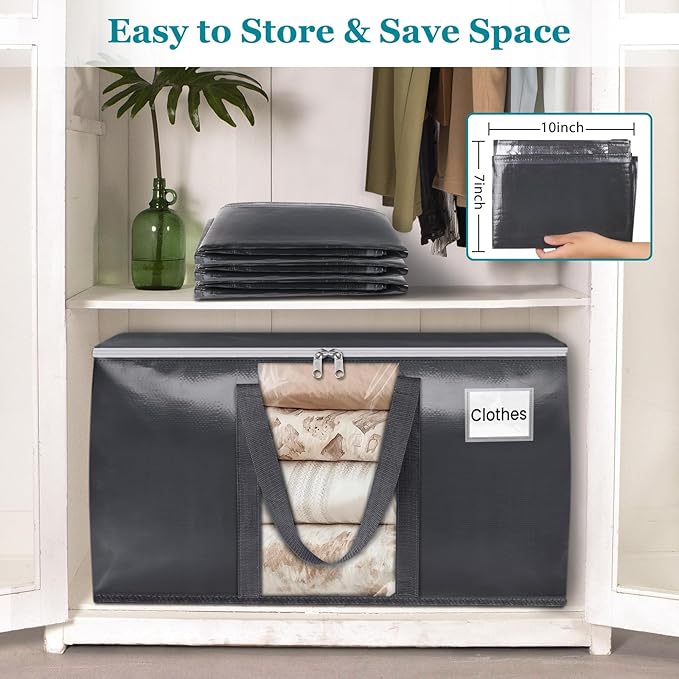 HomeHacks 4 Pack Extra Large Moving Bags with Visual PVC Window & Zippers, Storage Totes with Reinforced Handles, Heavy Duty Storage Bags for Packing, Moving, Storage (76L,Grey)