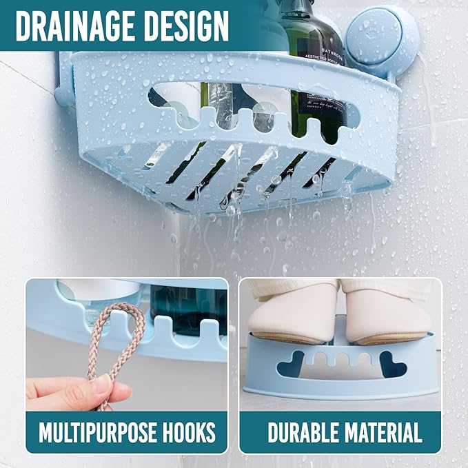 TAILI Corner Shower Caddy with Suction Cups, Wall Mounted Organizer Plastic Rack for Small Bathrooms, Kitchen, Removable Drill-Free Heavy Duty Shelf Basket, BLUE