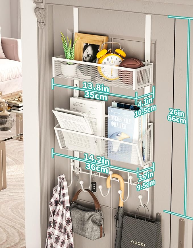 HapiRm Over Door Hook with 2 Mesh Baskets and 9 Hooks, 304 Stainless Steel No Drilling Over The Door Hanger, Storage Organizer for Bathroom, Kitchen, Bedroom-White (for 1.57in Doors)