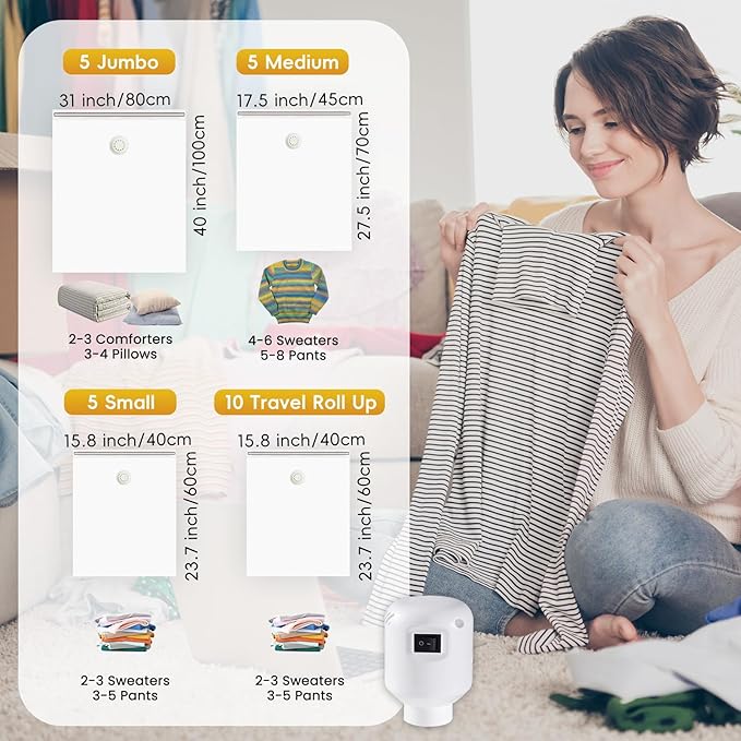 Vacuum Storage Bags with Electric Air Pump, 25 Pack (5 Jumbo, 5 Large, 5 Medium,10 Roll Up Bags) Space Saver Bag, Vacuum Sealer Bags for Clothes, Blanket, Duvets, Pillows, Comforters, Travel-NeatNest