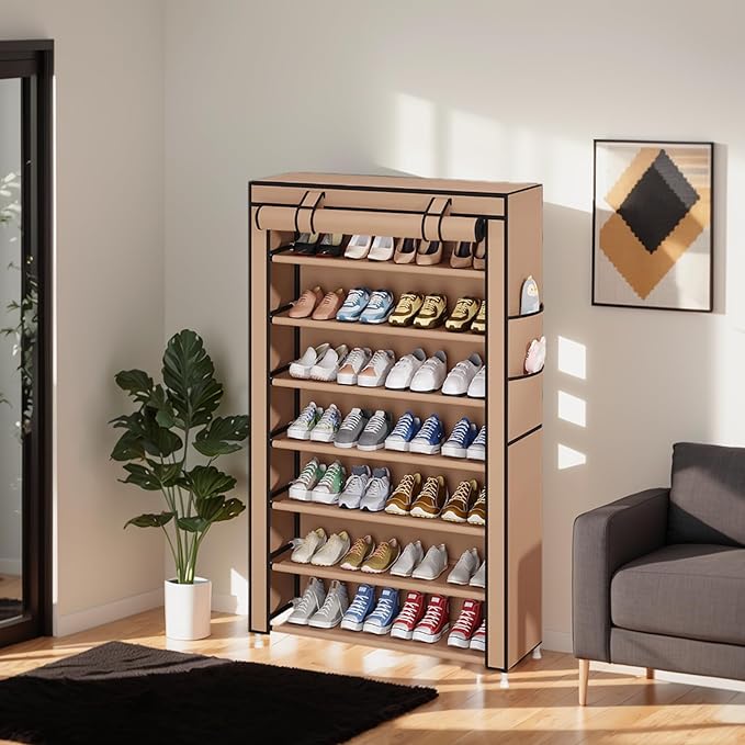 Laiensia 7-Tier Vertical Shoe Rack Organizer, Space Saving Shoe Storage Organizer, Non-Woven Cover Shoe Shelf Holds 28-35 Pairs for Bedroom, Hallway, Closet Entryway, Brown-NeatNest