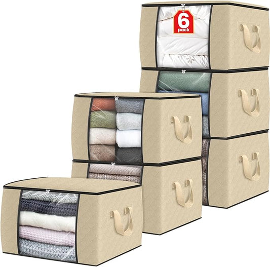 Fab totes 6 Pack Clothes Storage, Foldable Thick Fabric Blanket Storage Bags, Containers for Organizing Bedroom, Closet, Clothing, Comforter,Organization with Handle,Beige-NeatNest