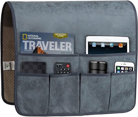 HAOMAIJIA Anti Slip Sofa Armrest Organizer Arm Chair Bedside Caddy Storage Organizer For Recliner Couch With 6 Pockets For Cell Phone Tv Remote Control Magazines (grey blue)-NeatNest