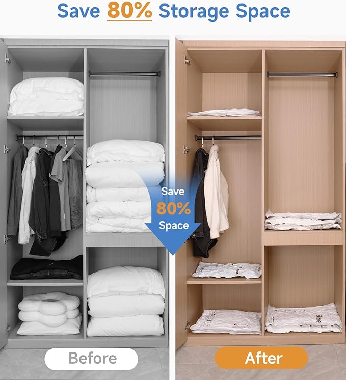 8 Pack Jumbo Vacuum Storage Bags, 80% Space Saver Vacuum Seal Bags for Clothing Bedding, Blankets, Comforters, Duvets, Quilts, and Pillows, Vacuum Compression Bags with Travel Hand Pump-NeatNest