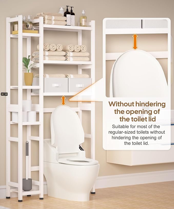 Homde Over The Toilet Storage with Basket and Drawer, Bamboo Bathroom Organizer with Adjustable Shelf & Waterproof Feet Pad, Space Saver Rack for Restroom, Laundry,White-NeatNest