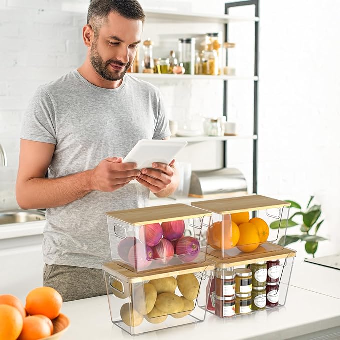 4 Pack Potato Storage with Lids – Front Open Kitchen Pantry Organizer and Storage, Stackable Storage Bins for Onion, Garlic, Fruit, Produce, Vegetable