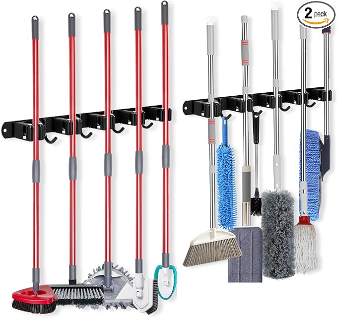 voze [2 Pack] 5 Racks and 4 Hooks Mop and Broom Holder Wall Mount, Self Adhesive Heavy Duty Broom Organizer Storage Tool Racks for Kitchen Garden Laundry Garage Black-NeatNest